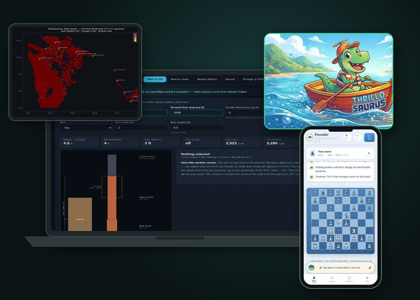 Websites and apps built by Angelstar: booking marketplace, chess app, flood map and quotation software on laptop, tablet and phone